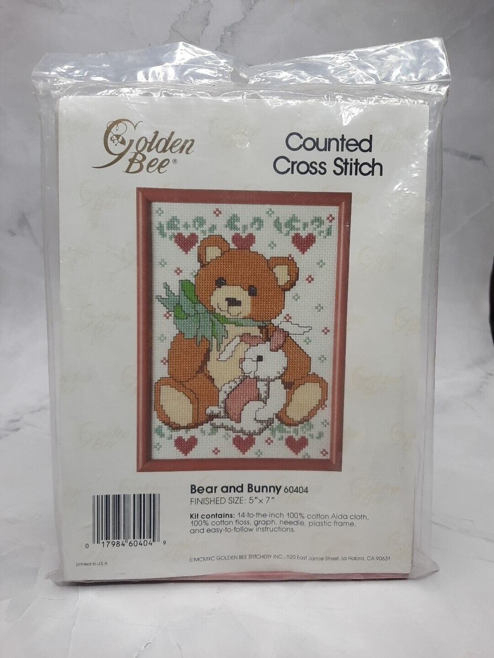 Vintage Golden Bee Counted Cross Stitch Kit with Frame Bear and Bunny 5x7